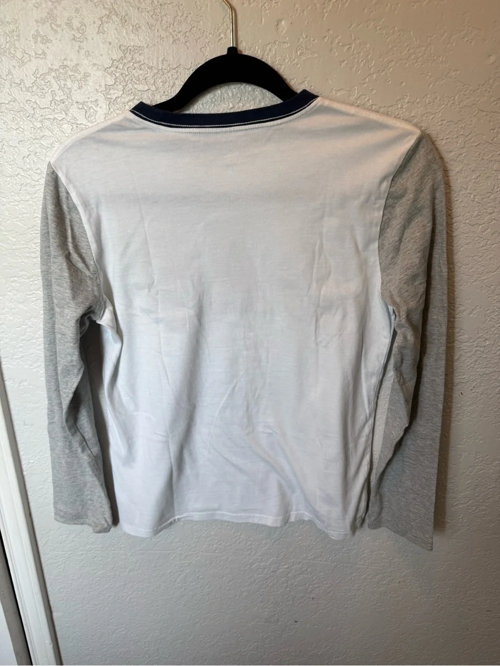 GAP White Long-Sleeve Logo Tee with Gray Sleeves and Orange Letters